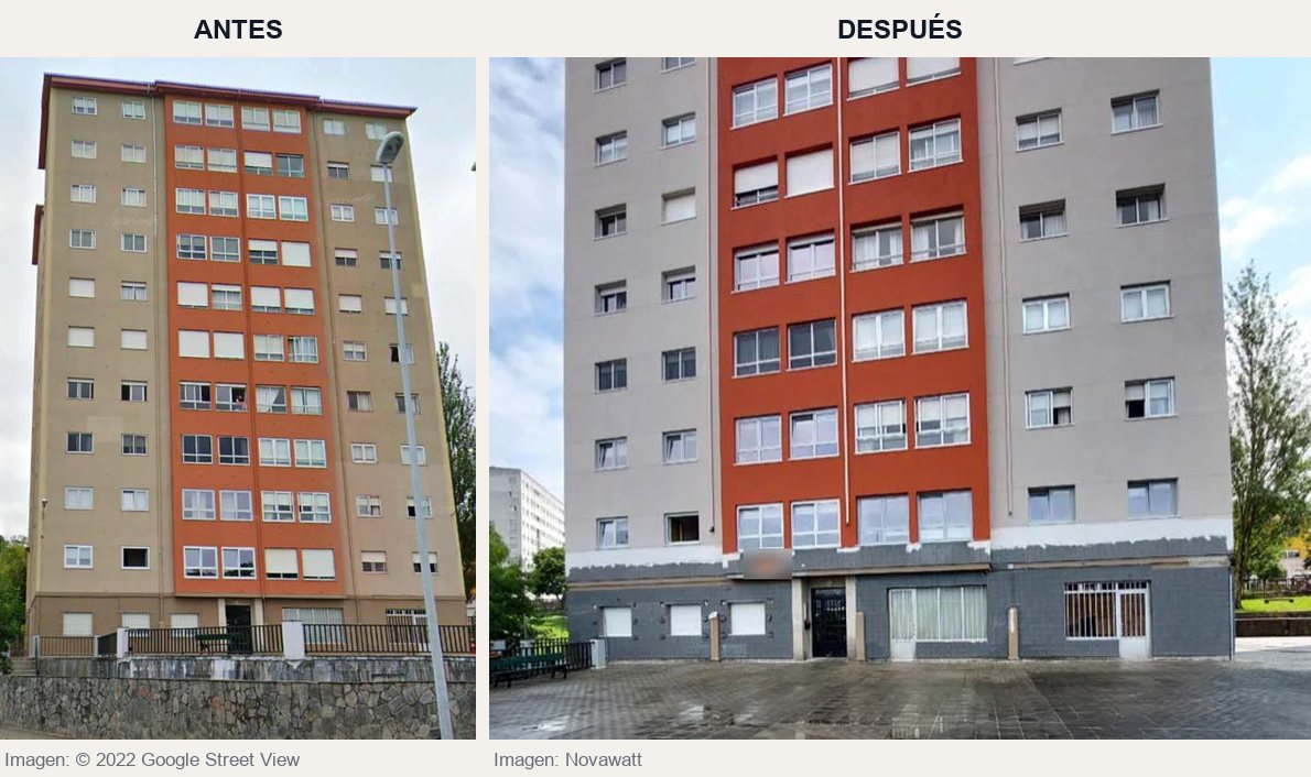 El edificio antes y después de la rehabilitación: la misma fachada, con el SATE ya terminado