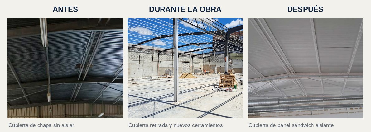 La cubierta antes, durante y después de la obra: chapa sin aislar, cubierta retirada y panel sándwich aislante